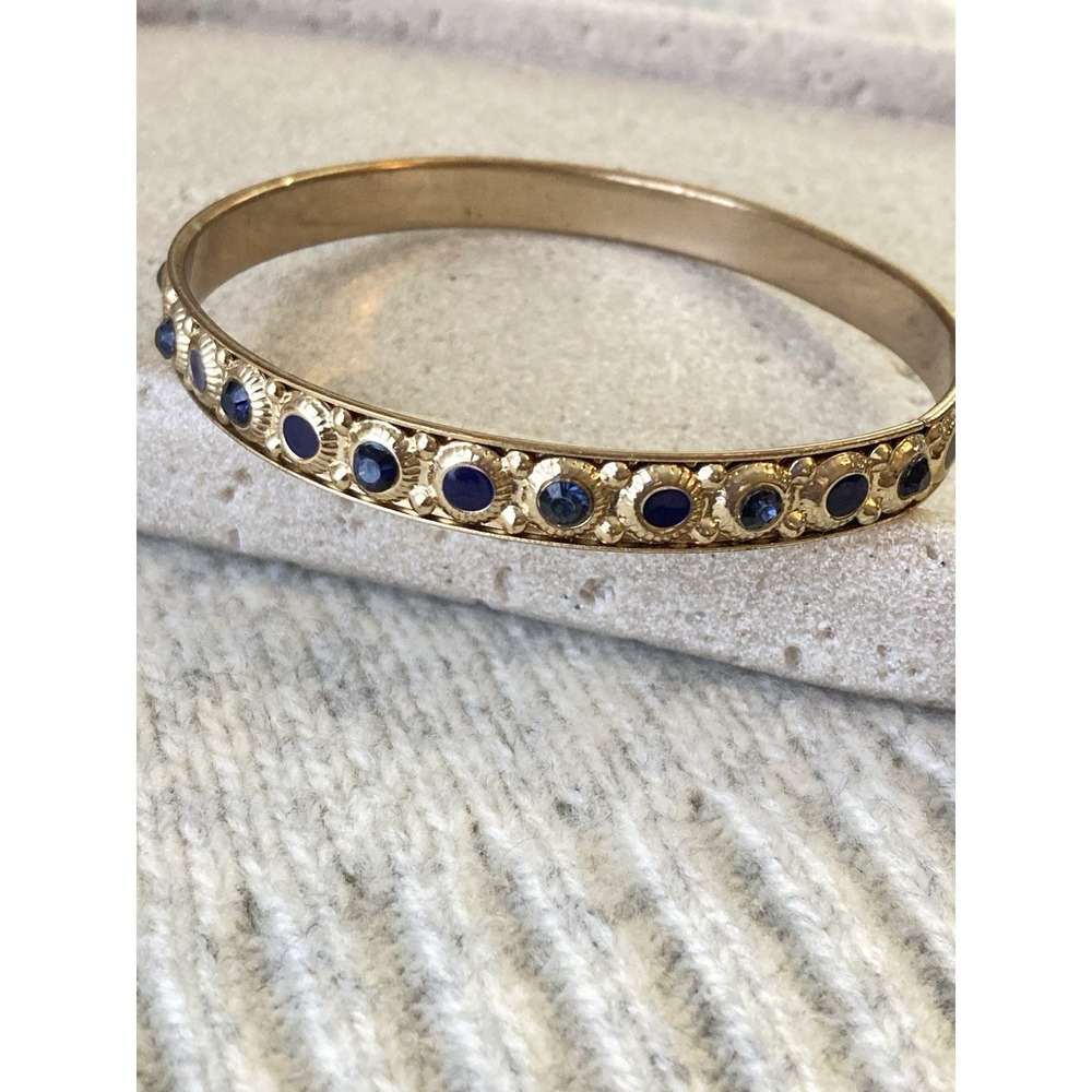 Gold Tone Bangle Bracelet Blue Cabochon &‎ Rhinestone Romantic Feminine